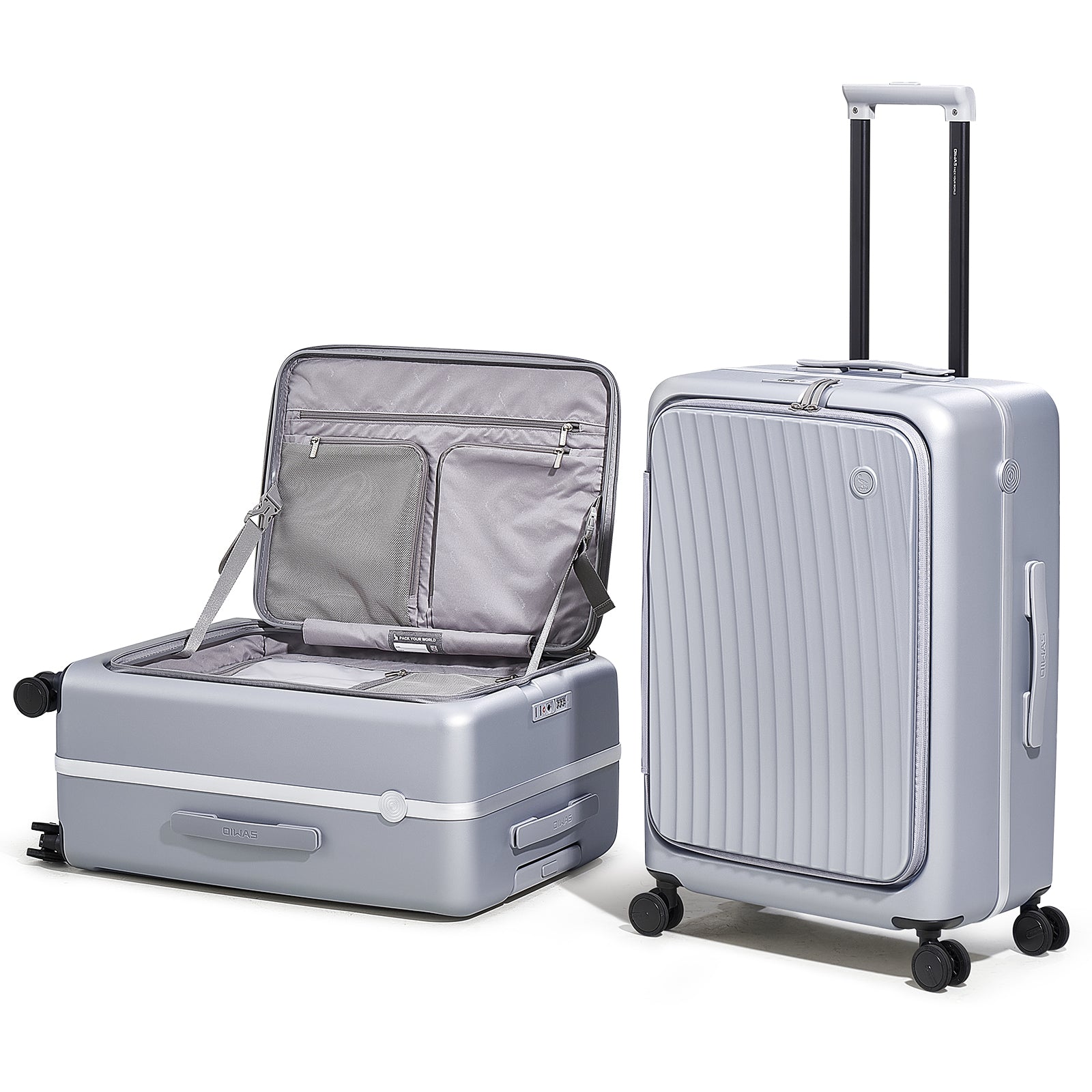 OIWAS SMOOTH 24-inch sliver front opening check-in luggage, showcasing its sleek design and convenient front access feature.