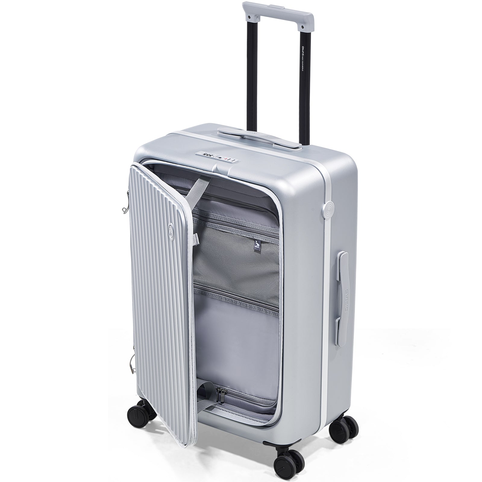 OIWAS SMOOTH 24-inch sliver front opening check-in luggage, showcasing its sleek design and convenient front access feature.