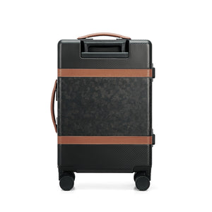 TIMELESS CF Collection 20-inch carbon fiber carry-on luggage in matte black with brown leather, showcasing sleek aerospace-grade carbon fiber texture and minimalist design.