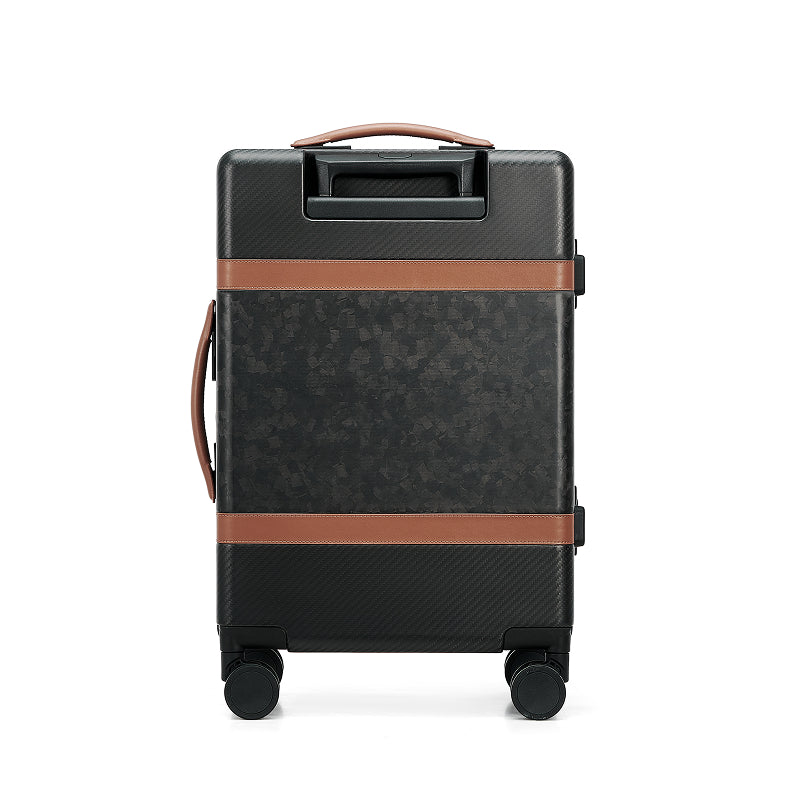TIMELESS CF Collection 20-inch carbon fiber carry-on luggage in matte black with brown leather, showcasing sleek aerospace-grade carbon fiber texture and minimalist design.