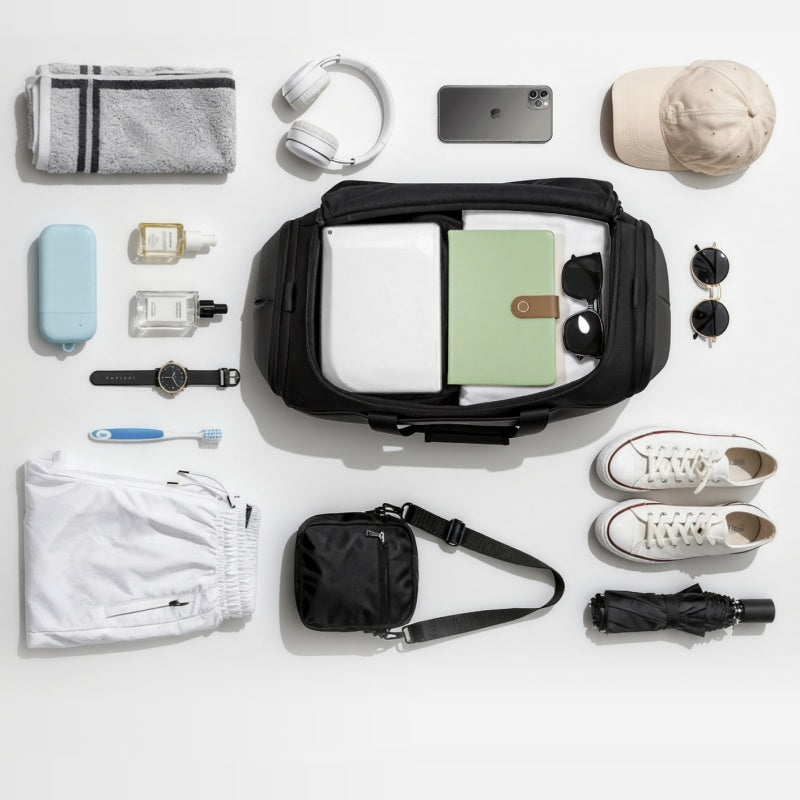 ELEPHANTOM multifunctional travel bag positioned next to common objects for size reference, emphasizing its spacious design