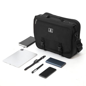 OIWAS black 15.6 inch messenger bag holding laptop with double-flap closed