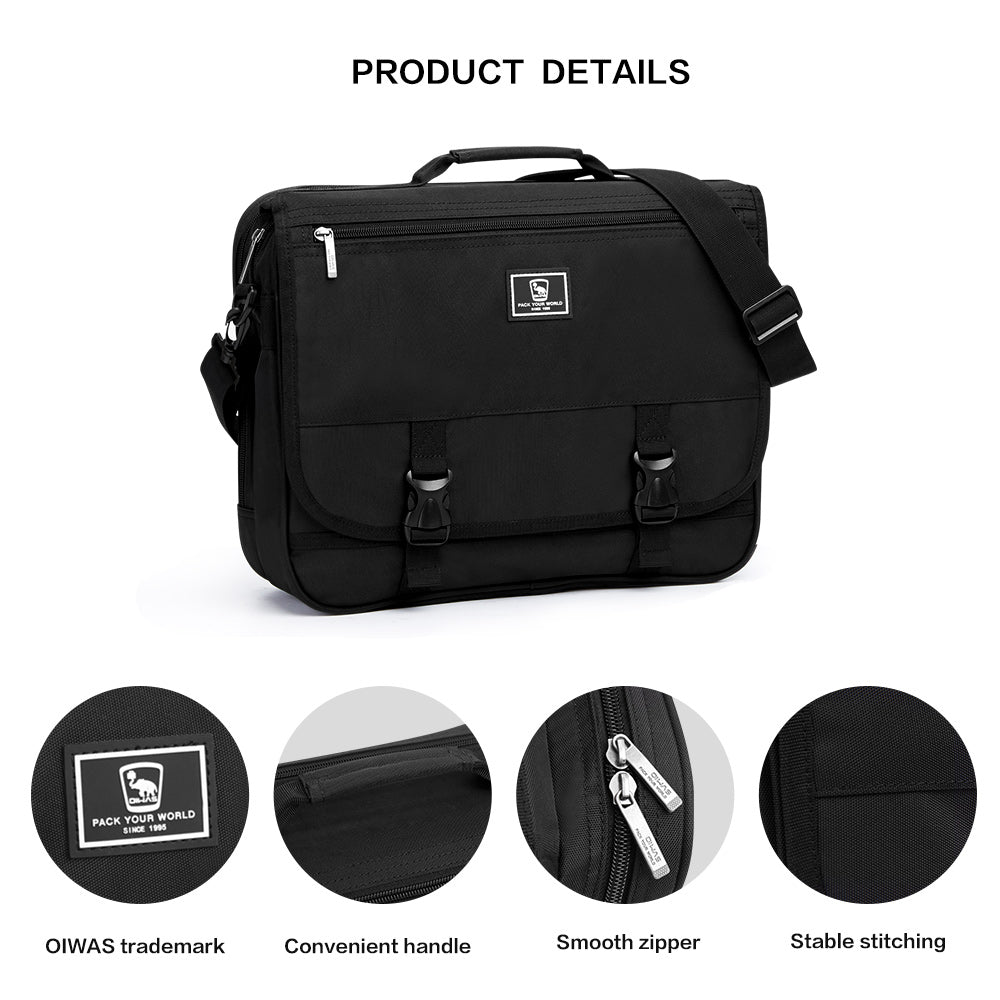 OIWAS black 15.6 inch messenger bag holding laptop with double-flap closed