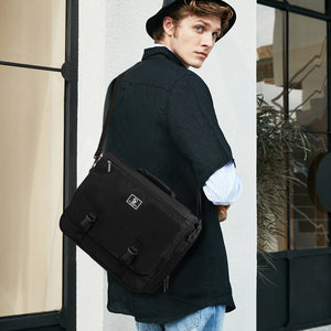 OIWAS black 15.6 inch messenger bag holding laptop with double-flap closed