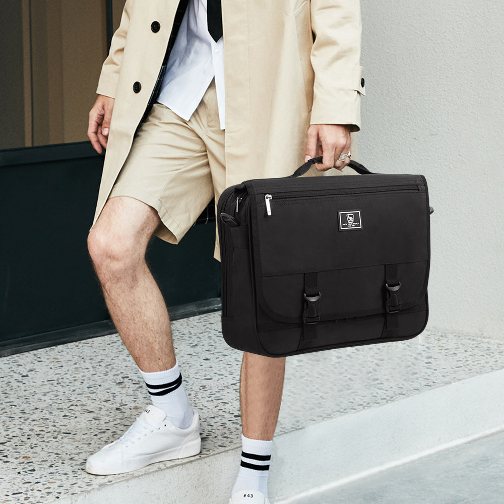 OIWAS black 15.6 inch messenger bag holding laptop with double-flap closed