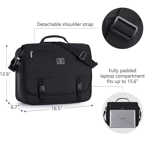 OIWAS black 15.6 inch messenger bag holding laptop with double-flap closed