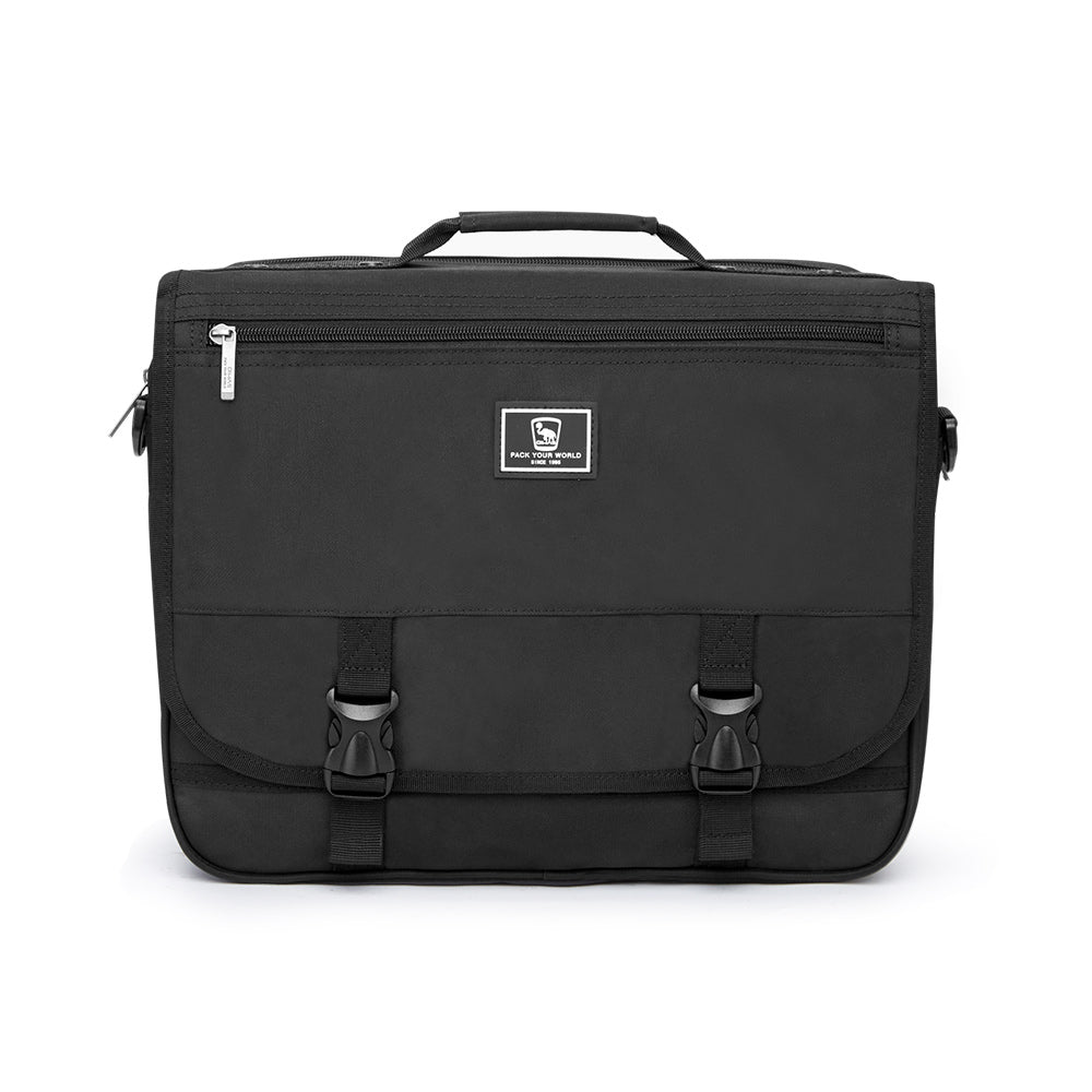 OIWAS black 15.6 inch messenger bag holding laptop with double-flap closed