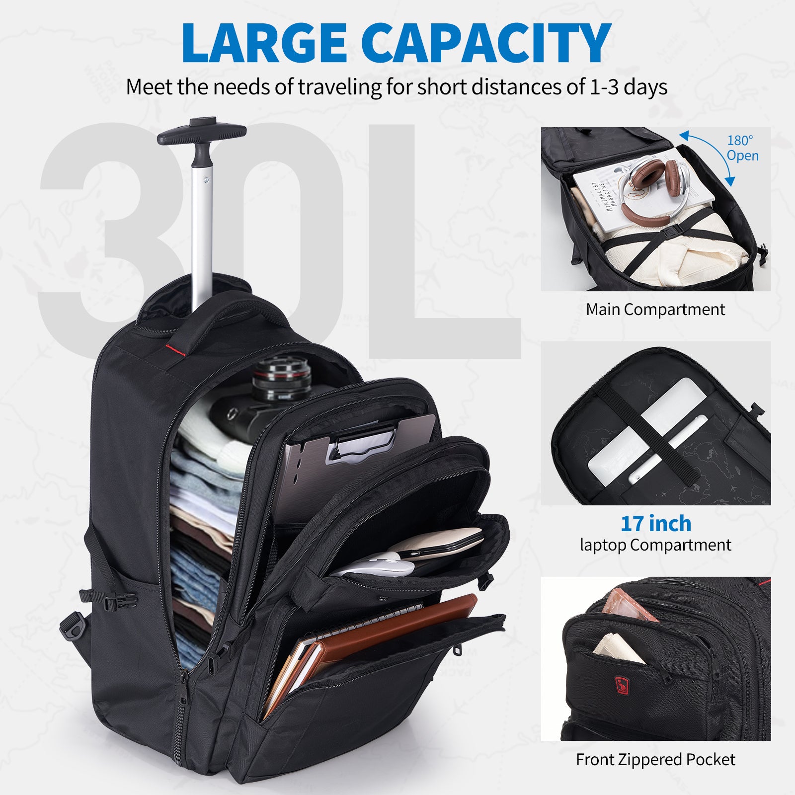 EXPLORER rolling backpack interior showing room for 17.3-inch laptop, notebooks and clothes — perfect for campus or weekend trips.