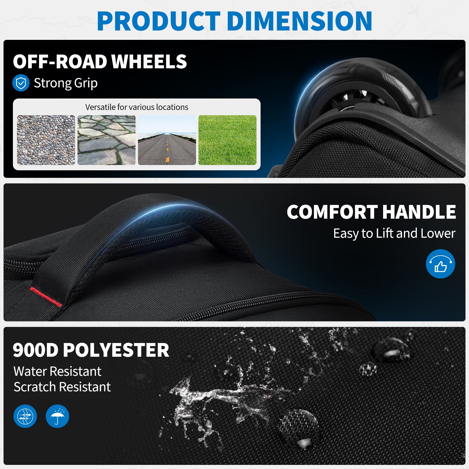 oiwas rolling backpack detail: off-road wheels, ergonomic handle, and durable water-resistant fabric.