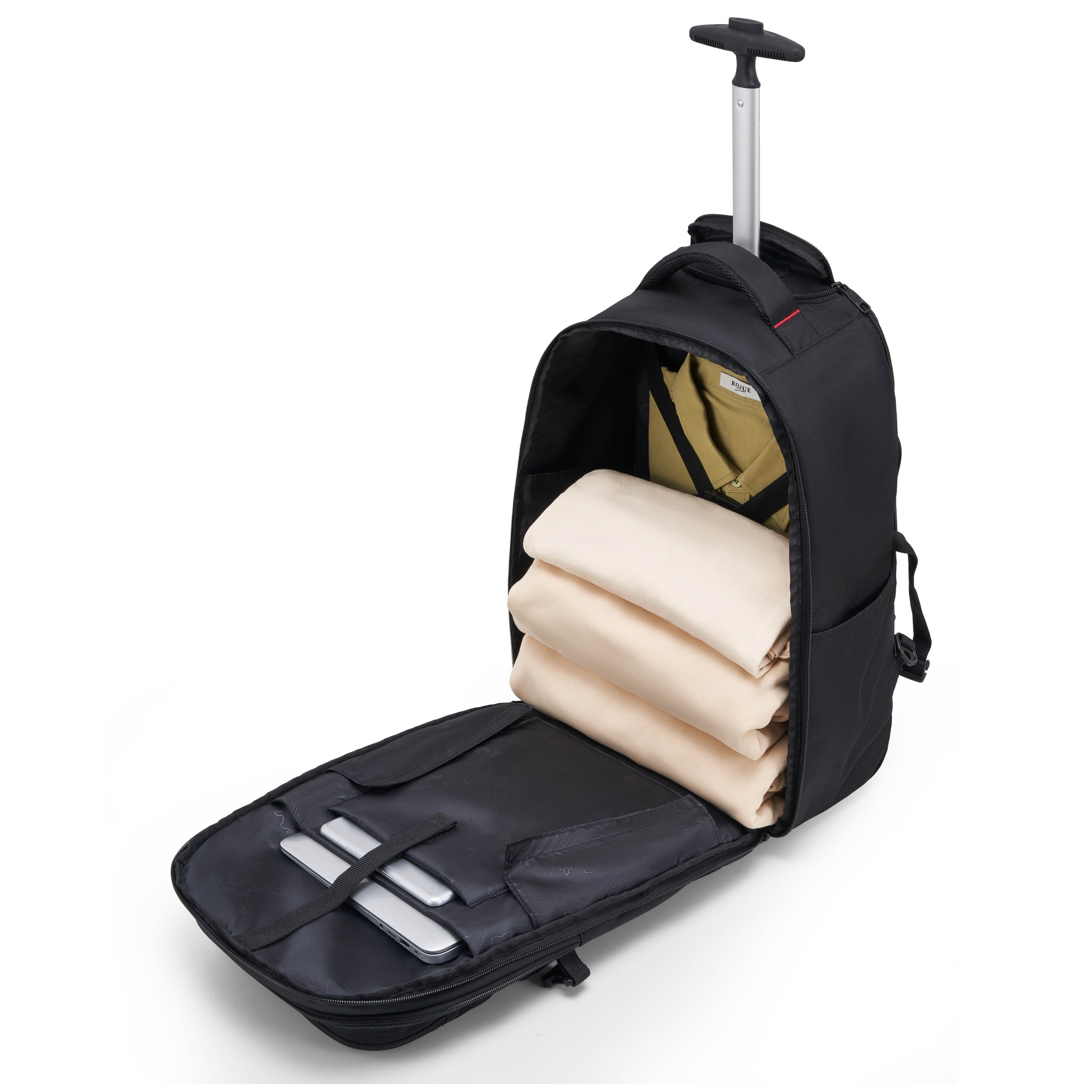 EXPLORER rolling backpack opened vertically, showing organized interior with 17.3-inch laptop, iPad, folded clothing, and dedicated tech pockets.