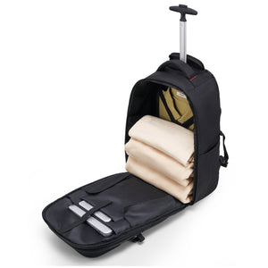 EXPLORER rolling backpack opened vertically, showing organized interior with 17.3-inch laptop, iPad, folded clothing, and dedicated tech pockets.