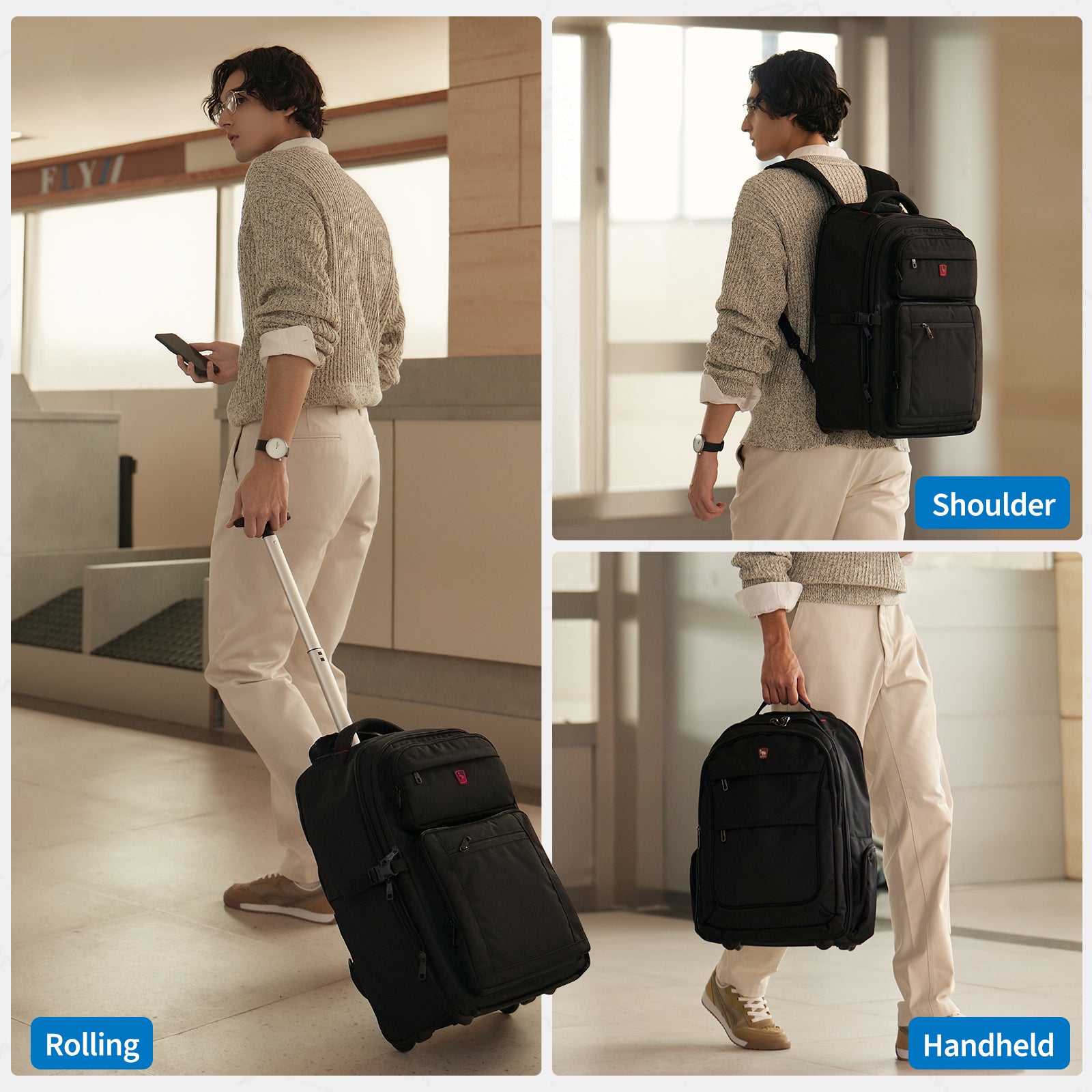 Three ways to carry: shoulder, rolling, or hand — all with the EXPLORER backpack.