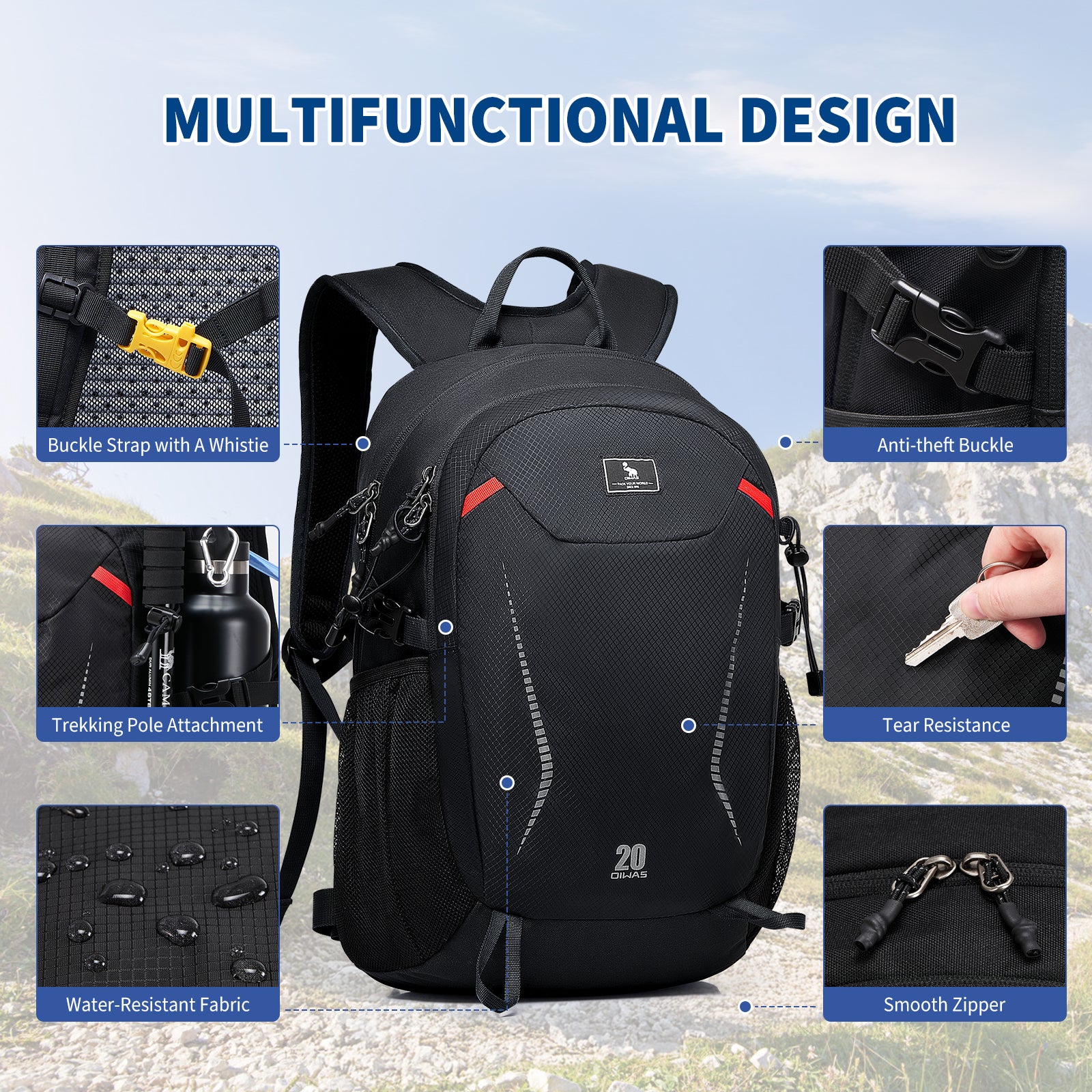 OIWAS-20L-Ultralight-Camping-Backpack-Black-Details