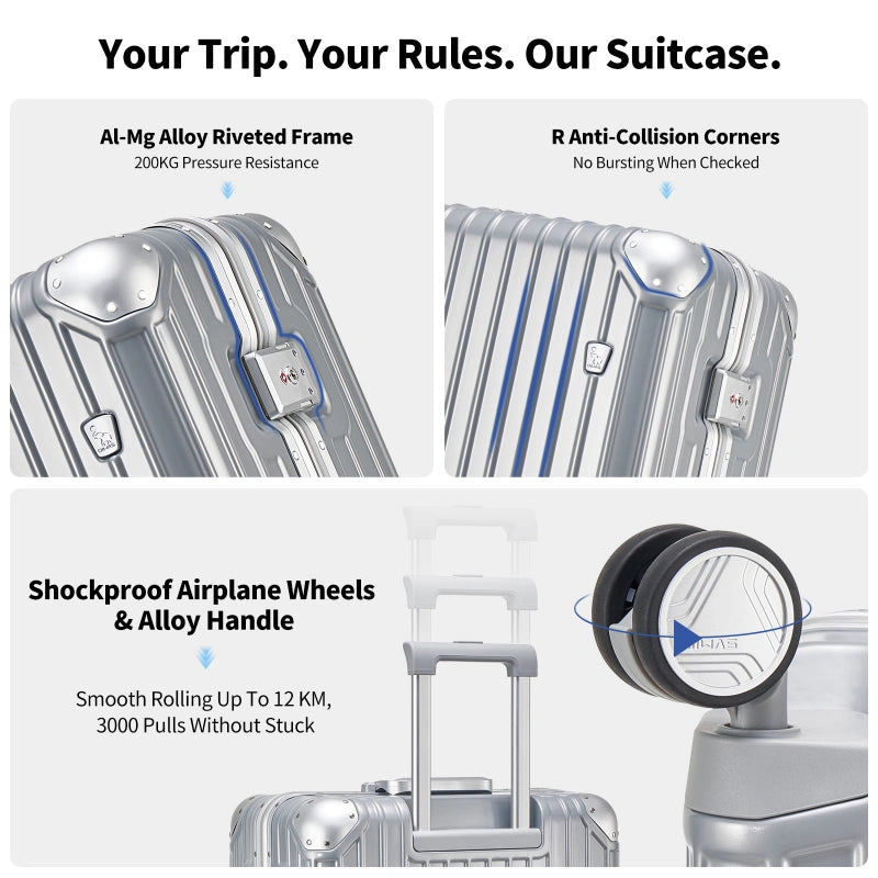 OIWAS aluminum carry on luggage rivet reinforced aluminum magnesium alloy frame detail silver