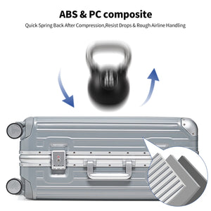 OIWAS aluminum frame carry on suitcase ABS PC composite hard shell drop resistant compression proof silver luggage
