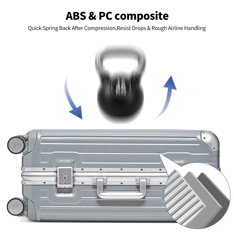 OIWAS aluminum frame carry on suitcase ABS PC composite hard shell drop resistant compression proof silver luggage
