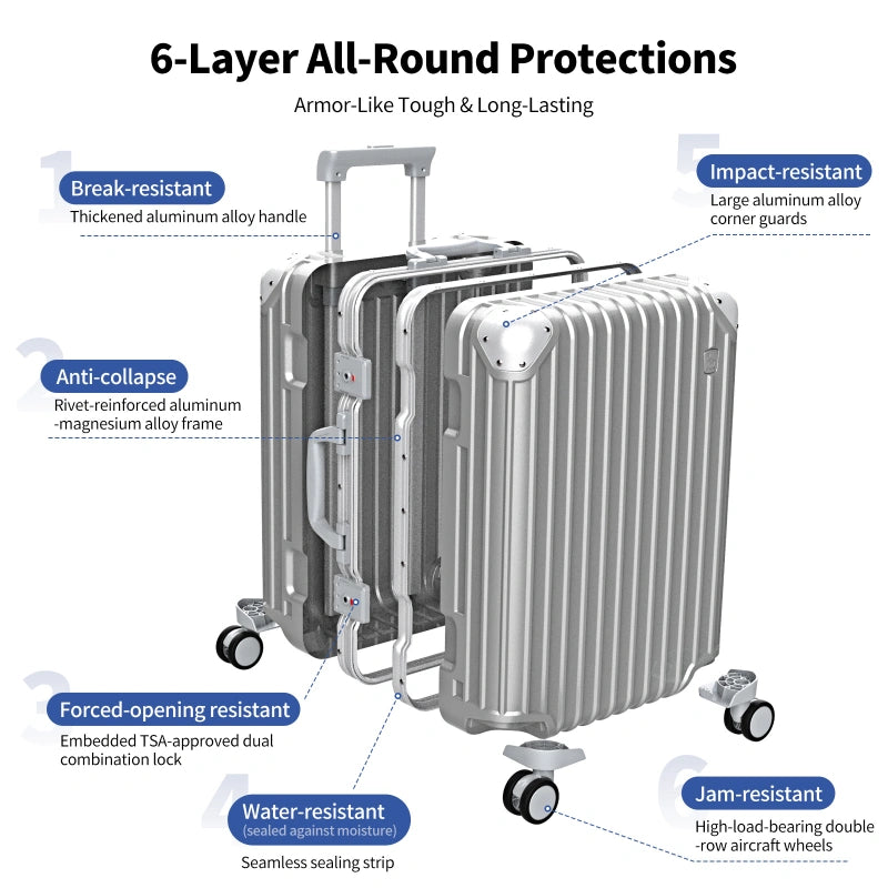 OIWAS aluminum suitcase 6 layer protection break resistant anti-collapse impact resistant TSA lock water resistant