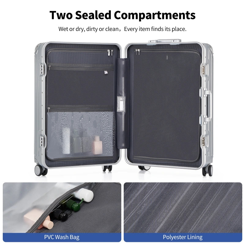 OIWAS silver carry on luggage interior organized compartment packing view