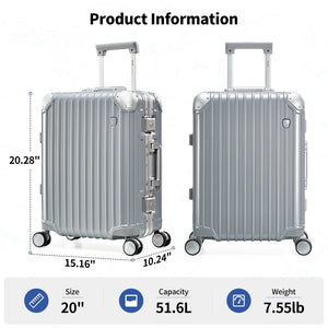 OIWAS aluminum frame carry on suitcase silver 20 inch airline approved hard shell luggage