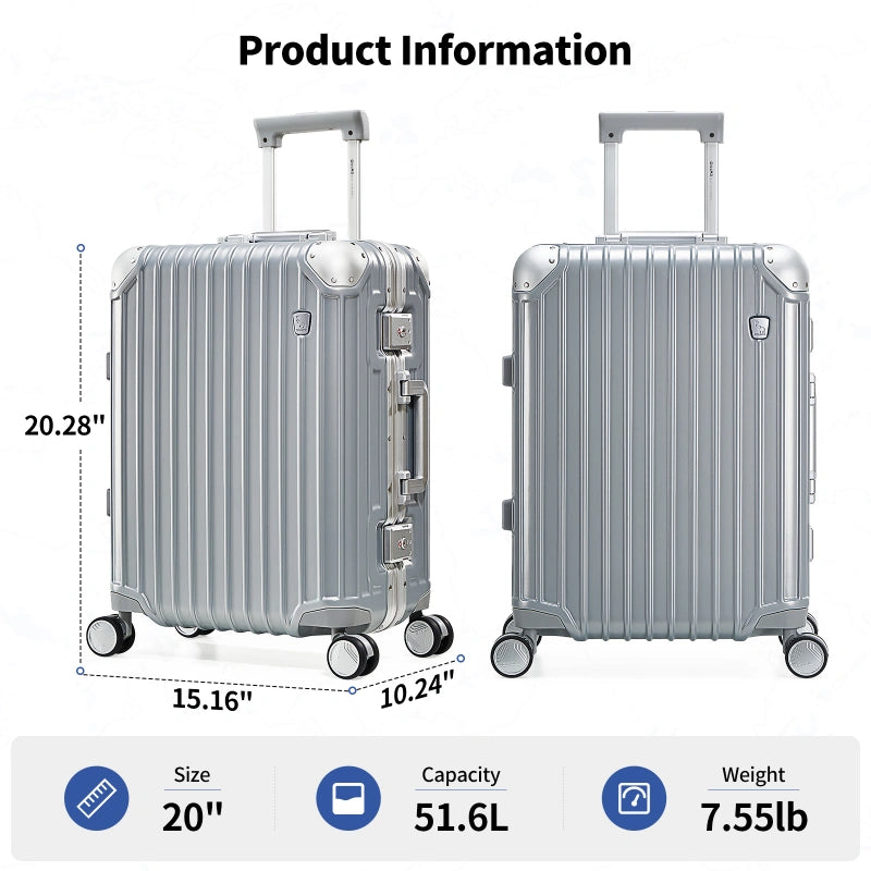 OIWAS aluminum frame carry on suitcase silver 20 inch airline approved hard shell luggage