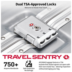 OIWAS silver hard shell suitcase TSA dual combination lock close-up forced opening resistant