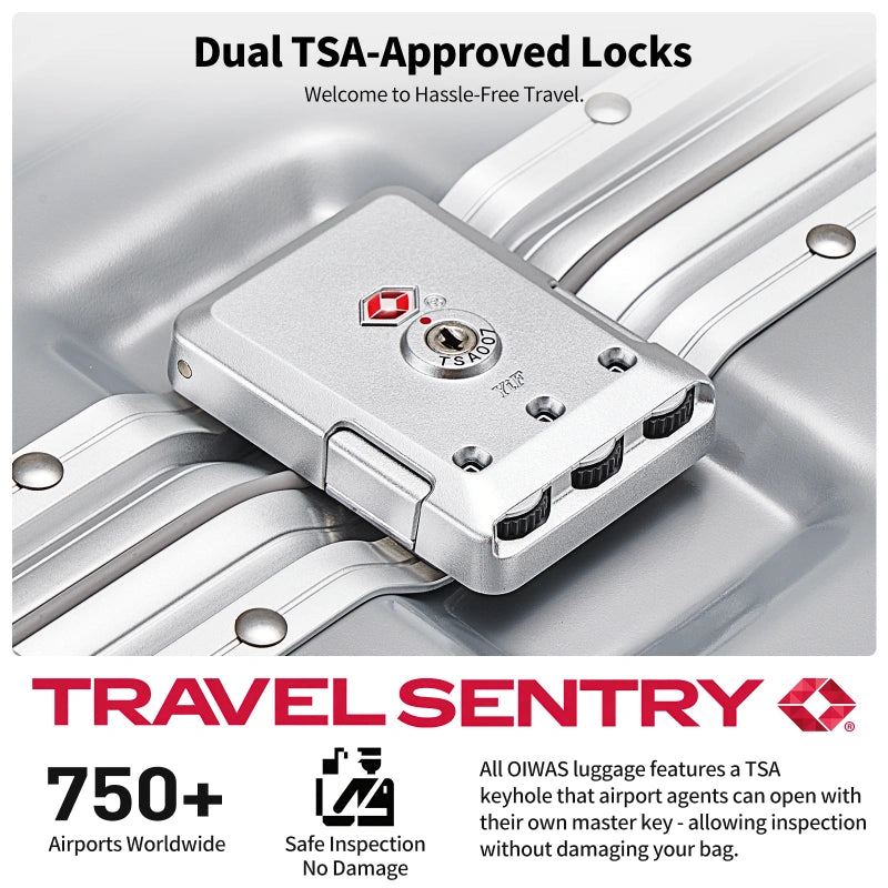 OIWAS silver hard shell suitcase TSA dual combination lock close-up forced opening resistant