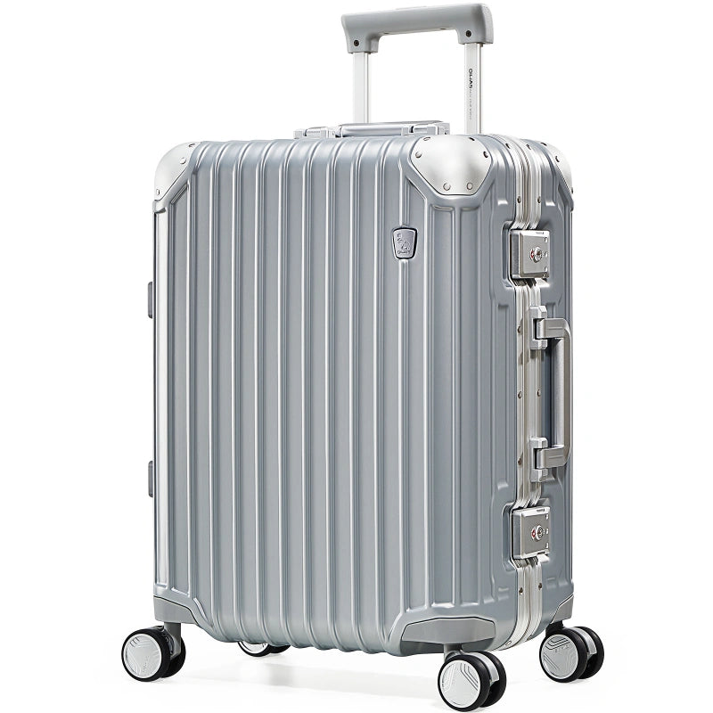 OIWAS silver aluminum frame carry on suitcase hard shell TSA lock 360 spinner wheels 20 inch