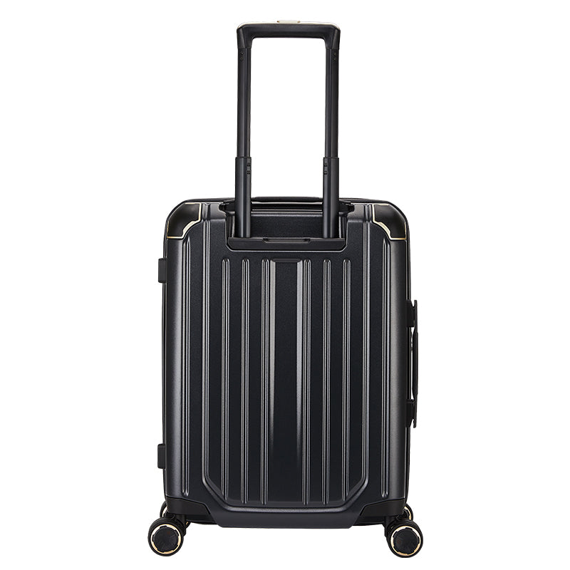 Rear view of black CLAD suitcase highlighting trolley sleeve for hands-free airport mobility.