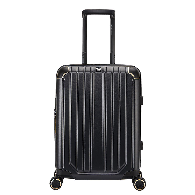 Sleek black OIWAS CLAD 24-inch check-in suitcase standing upright with telescopic handle extended, ideal for long-haul travel.