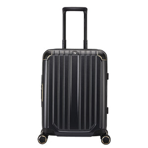 Sleek black OIWAS CLAD 24-inch check-in suitcase standing upright with telescopic handle extended, ideal for long-haul travel.