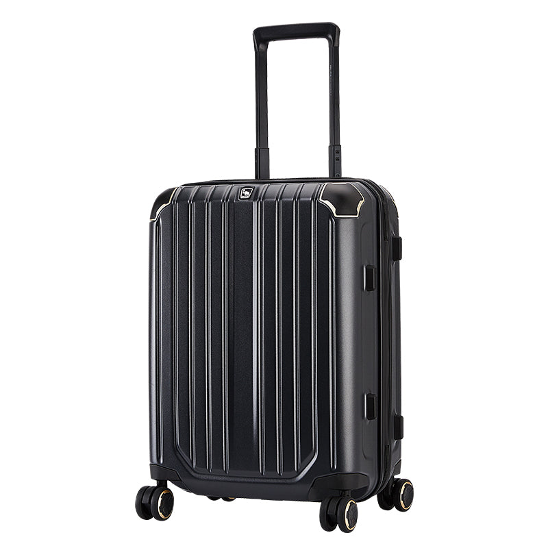 Sleek black OIWAS CLAD 20-inch carry-on suitcase standing upright with telescopic handle extended, ideal for long-haul travel.