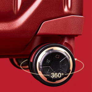 Close-up of dual-row 360° silent spinner wheels with shock absorption on OIWAS CLAD luggage.