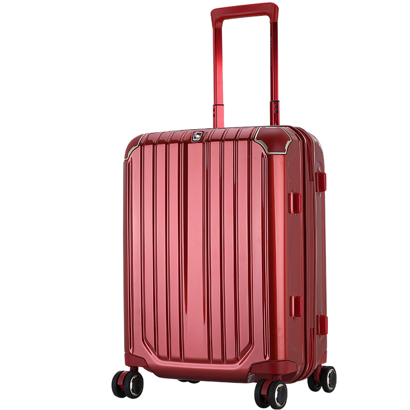Aerospace-grade aluminum telescopic handle with three height settings, extended from red OIWAS CLAD carry-on.
