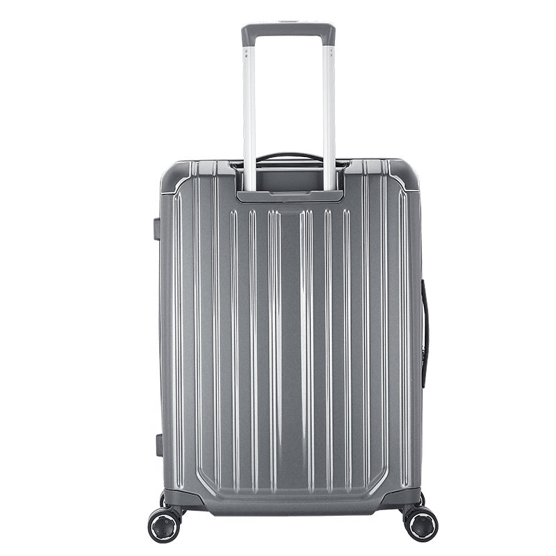 Rear of sliver OIWAS CLAD carry-on with trolley sleeve for hands-free travel and reinforced telescopic handle base