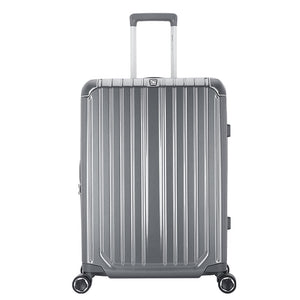 Aerospace-grade aluminum telescopic handle with three height settings, extended from OIWAS CLAD carry-on.