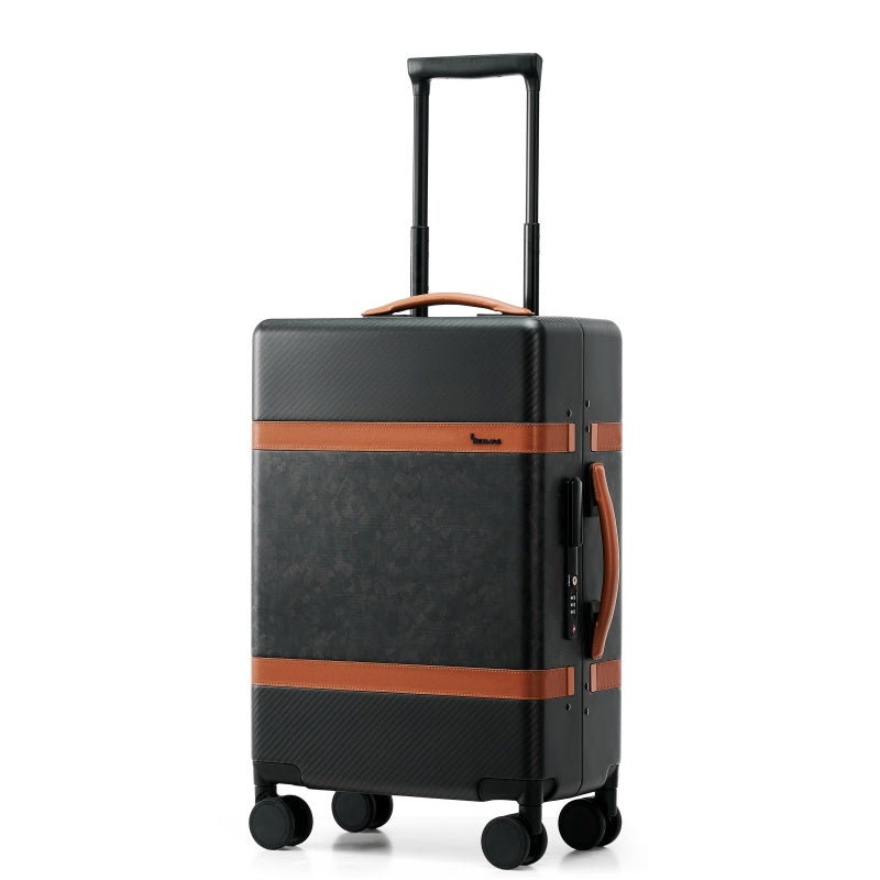 Extended telescopic handle on TIMELESS carbon fiber suitcase, demonstrating smooth locking mechanism and ergonomic grip.