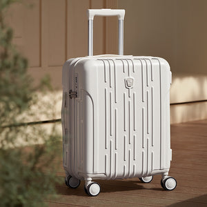 OIWAS expandable carry-on luggage rolling through airport with scratch-resistant brushed exterior and 3D textured shell that hides scuffs and maintains premium look trip after trip.