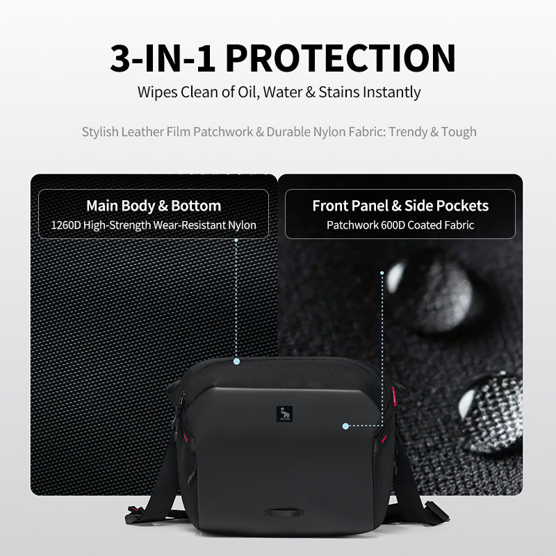 Water droplets beading on surface—demonstrating weather-resistant fabric of Large ELEPHANTOM bag