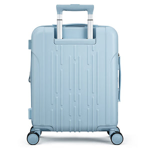 Rear of blue OIWAS carry-on with trolley sleeve for hands-free travel and reinforced telescopic handle base.