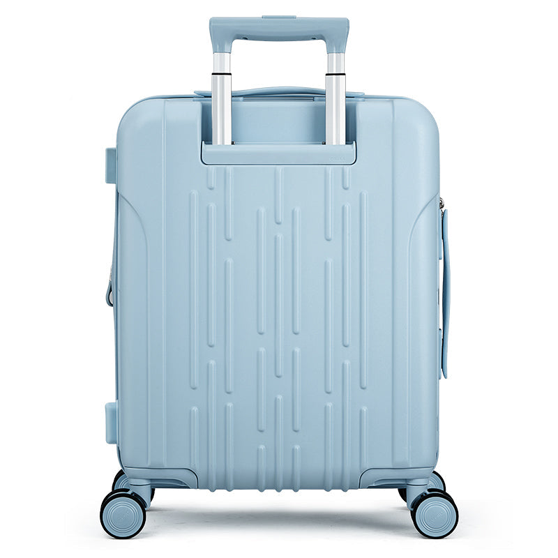 Rear of blue OIWAS carry-on with trolley sleeve for hands-free travel and reinforced telescopic handle base.
