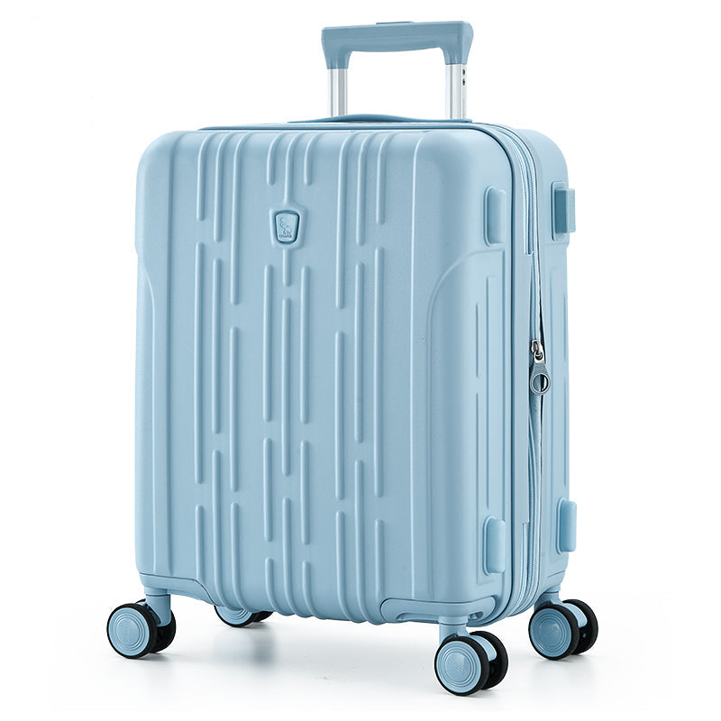 OIWAS blue expandable carry-on luggage with anti-scratch brushed finish—airline-approved, durable, and perfect for modern travelers.