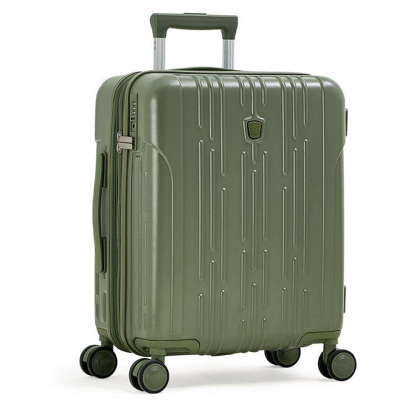 Green OIWAS expandable carry-on luggage with anti-scratch brushed finish—durable, airline-compliant, and ideal for modern travel.