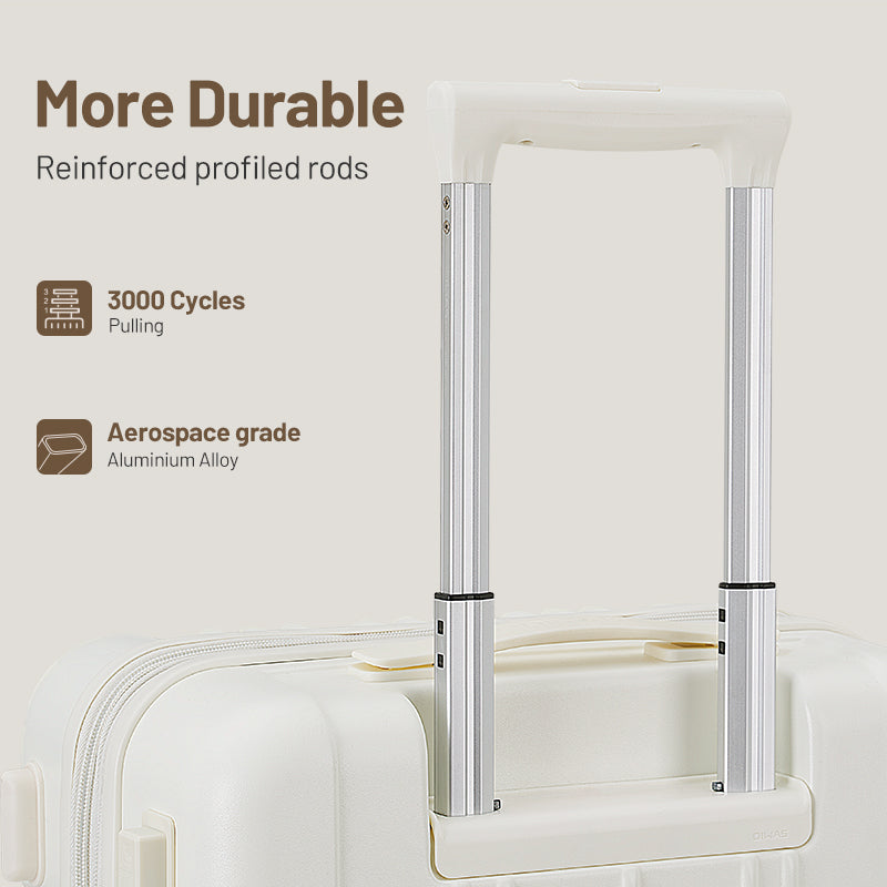 Adjustable aerospace-grade aluminum telescopic handle on OIWAS expandable carry-on luggage—ergonomic, multi-height, and built for smooth airport travel.