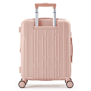 Rear view of pink OIWAS expandable carry-on showing integrated trolley sleeve and reinforced handle base—designed for hands-free airport travel and seamless suitcase pairing.