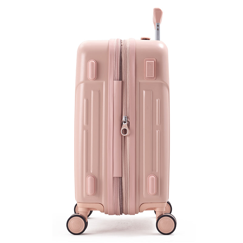 Side view of pink OIWAS carry-on featuring TSA-approved lock and premium YKK zippers—secure, smooth, and built for worry-free journeys.