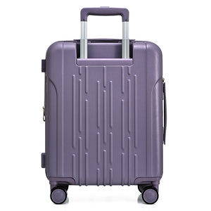 Rear of purple OIWAS carry-on with trolley sleeve for hands-free travel and reinforced telescopic handle base.