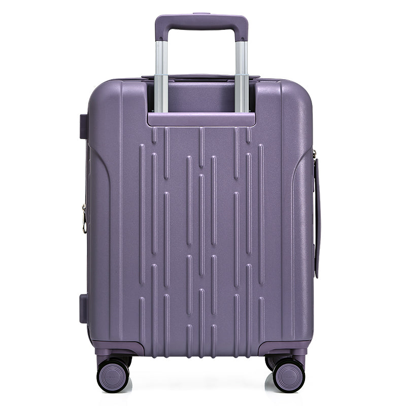Rear of purple OIWAS carry-on with trolley sleeve for hands-free travel and reinforced telescopic handle base.
