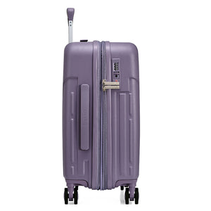 Side view of purple OIWAS carry-on featuring TSA-approved lock and premium YKK zippers—secure, smooth, and built for worry-free journeys.