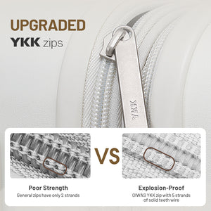 Close-up of YKK zippers on OIWAS expandable carry-on luggage—premium, smooth-gliding, and ultra-durable for secure travel packing