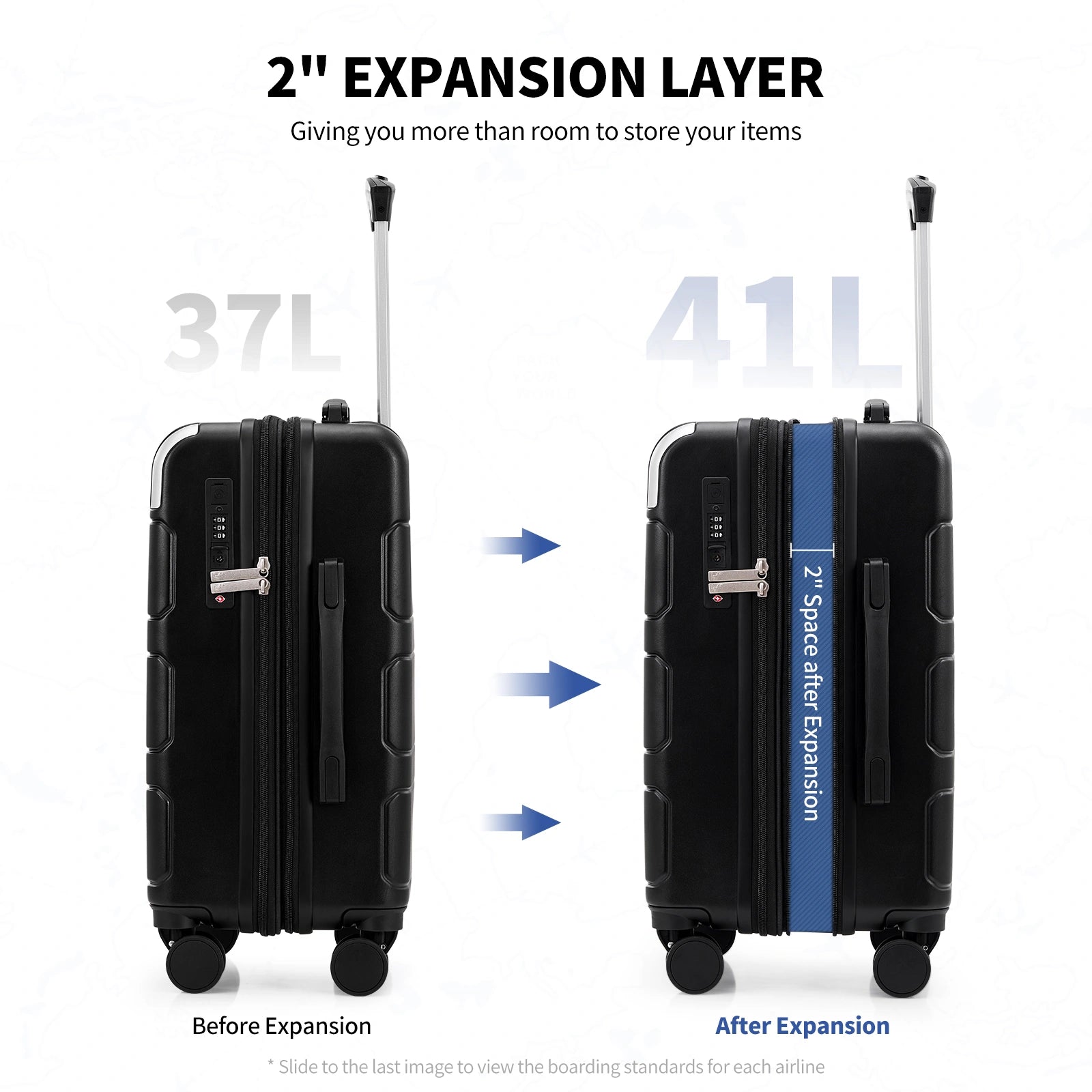 OIWAS carry-on luggage side profile showing expandable zipper
